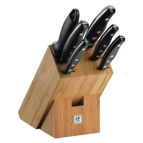Produktbild: ZWILLING Twin Pollux Messerblock, 7-teilig, Bambusblock, Messer und Wetzstab, Rostfreier Spezialstahl und Kunststoff-Griff im Nietendesign, Schwarz