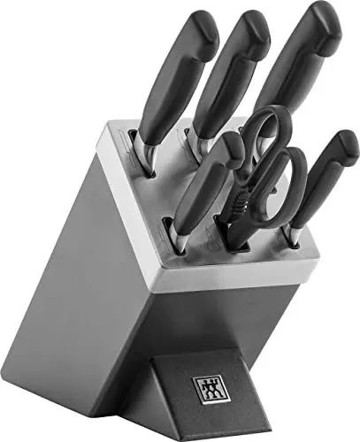 Produktbild: ZWILLING Vier Sterne Selbstschärfender Messerblock, 7-teilig, Messerset und Schere aus rostfreiem Spezialstahl/Kunststoff-Griff, Grau (Made in Germany)