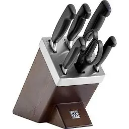 Produktbild: ZWILLING Vier Sterne Selbstschärfender Messerblock, 7-teilig, Messerset und Schere aus rostfreiem Spezialstahl/Kunststoff-Griff, Holzblock Esche, Braun (Made in Germany)