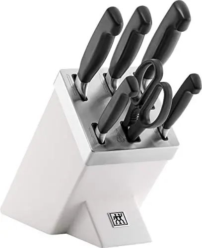 Produktbild: ZWILLING Vier Sterne Selbstschärfender Messerblock, 7-teilig, Messer und Schere aus rostfreiem Spezialstahl/Kunststoff-Griff, Weiß (Made in Germany), Weiss