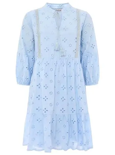 Produktbild: Zwillingsherz 100% Baumwoll Freizeitkleid Lochstickerei im Paisleymuster – Hochwertiges Sommerkleid für Frauen Mädchen – Abendkleid Strandkleid - Locker luftig - Perfekt für Frühling Sommer Herbst