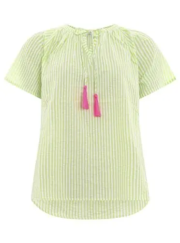 Produktbild: Zwillingsherz Baumwoll Bluse für Damen Frauen Mädchen - Hochwertiges Kurzarm Oberteil Top Shirt Hemd - Kordel mit Tasseln Streifen - Frühling Sommer