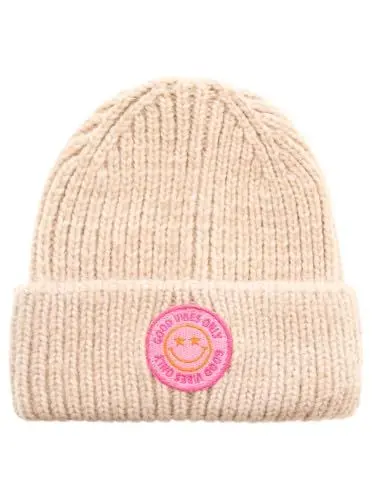 Produktbild: Zwillingsherz Slouch-Beanie-Mütze mit Wolle - Hochwertige Strickmütze mit Smiley Patch Stickerei Muster für Damen Mädchen Jungen - Hat - OneSize - warm und weich für Frühling Herbst und Winter