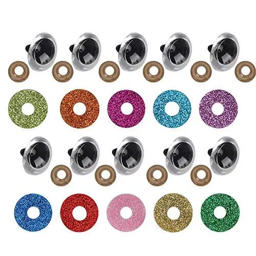 Produktbild: Zwinner Sicherheitsaugen, 300 Stück gefüllte Tieraugen-Set mit Buntem Glitzer-Unterlegscheiben-Zubehör, Puppenaugen aus Kunststoff, Häkelaugen für Amigurumi,Puppen,Plüschtiere und Teddybären(16MM)