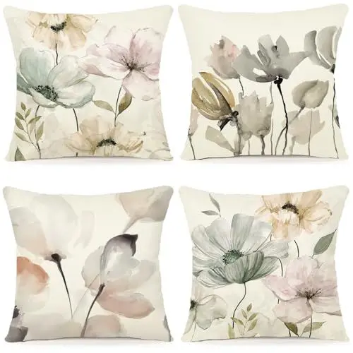 Produktbild: ZWJD Blumen Kissenbezug 40x40 4er Set Outdoor Kissen Dekokissen Leinen Kissenhülle Kissenbezüge Florales Aquarellgemälde Kissenhüllen für Sofa Wohnzimmer Zierkissen 40x40cm