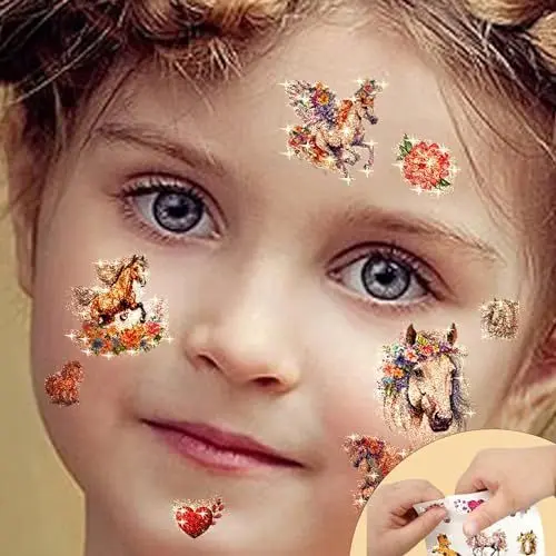 Produktbild: zycBernoi 2025 Neues Design für Glitzer Pferde Tattoo, Hautfreundliche Glitzer Pferde Tattoos Jungen Mädchen Wasserdicht Kindertattoos Sticker, Pferde Mädchen Geschenk
