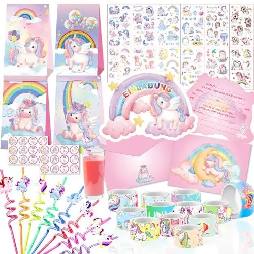 Produktbild: zycBernoi Einhorn Party Mitgebsel, Gastgeschenke Kinder Einhorn Deko Einhorn Party Set mit Tüteng, Einladungskarten, Strohhalme, Schnapparmband und Tattoos für Mädchen Einhorn Party