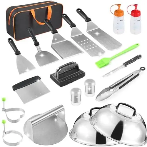 Produktbild: zycBernoi Grillbesteck Set, 20 Grill Zubehör für Männer, Plancha Besteck Set aus Metall mit Burgerpresse, Schmelzglocke, Tragetasche für Grillen und BBQ, Männer