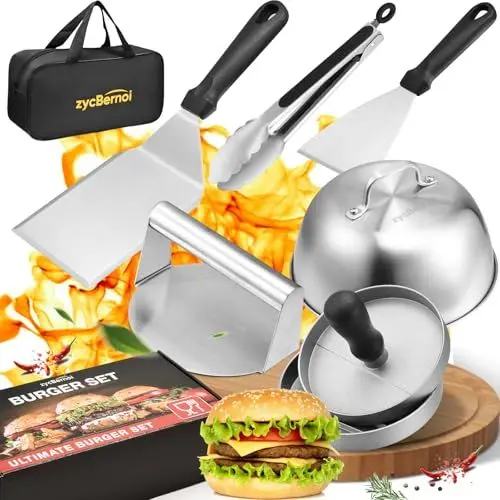 Produktbild: zycBernoi Smash Burger Set (7-TLG.) Burger Smasher Set mit Burgerglocken, Burgerpresse, Smasher, Pfannenwender, Grillzange für Plancha, Grillplatte, Gasgrill & Feuerplatte - Inkl. Aufbewahrungstasche