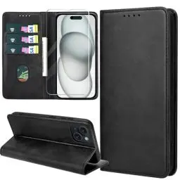 Produktbild: ZYIMOU Handyhülle für iPhone 15 Hülle mit Schutzfolie, Leder Schutzhülle Standfunktion Kartenfach Wallet Klapphülle iPhone 15 Flip Case Cover, Schwarz