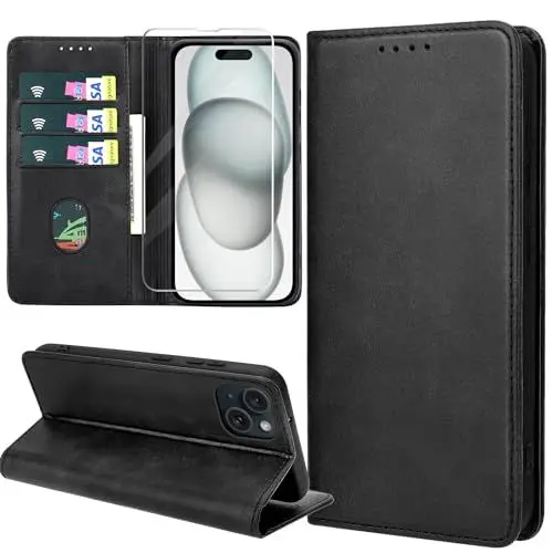 Produktbild: ZYIMOU Handyhülle für iPhone 15 Hülle mit Schutzfolie, Leder Schutzhülle Standfunktion Kartenfach Wallet Klapphülle iPhone 15 Flip Case Cover, Schwarz