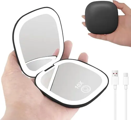 Produktbild: Zymblingst Wiederaufladbarer Kosmetikspiegel mit Vergrößerung 1/10 Fach, usw mit Beleuchtung aus 3 Lichtfarben, Handspiegel ohne Griff, mit Breite von nur 9 cm, ganz klein beim Reisen in die Tasche