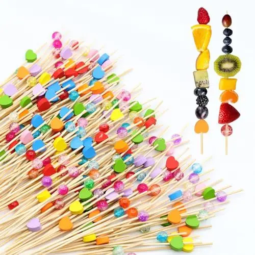 Produktbild: ZYNERY 200 Stück Cocktailspieße, 12cm Farbige Herz Cocktailspieße, Bunter Acrylperle Cocktailspieße, für Kuchen, Käse, Braten, Fingerfood, Party, Fasching, Cocktailparty (100 Herz + 100 Acrylperle)
