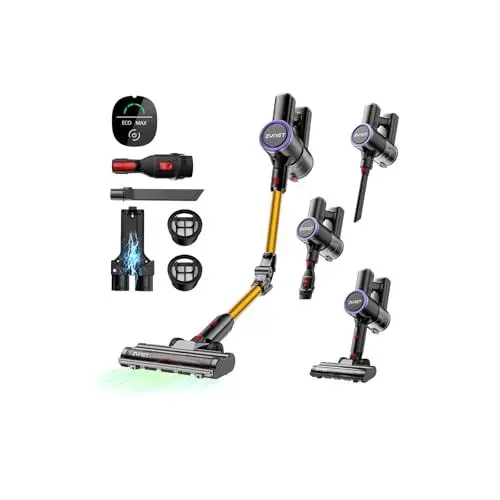 Produktbild: Zynet S9 Akku Staubsauger, 500W/45000Pa/45Min Staubsauger Kabellos mit Knick-Rohr, Wandladestation, Selbststehender Kabelloser Akkusauger mit Grünes Licht für Tierhaare Teppiche Hartböden