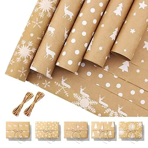 Produktbild: ZYOOO Weihnachts-Geschenkpapier mit Jute-Schnur –5 Blatt Geschenkpapier 43 cm x 100 cm pro Blatt – 5 verschiedene Designs