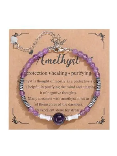 Produktbild: Zysta Amethyst Armband Heilsteine Armband Naturstein Kristalle Perlenarmband mit 8mm/4mm Kugelarmband Healing Reiki Energietherapie Glückbringen Verstellbar Armbänder Damen (Amethyst)