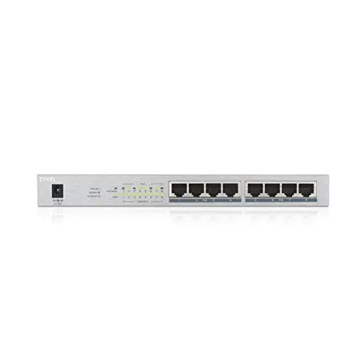 Produktbild: Zyxel Gigabit Unmanaged PoE+ Switch mit 8 Ports (davon 8 mit PoE) und einem PoE-Budget von 60 Watt, Lifetime Garantie (GS1008HP)
