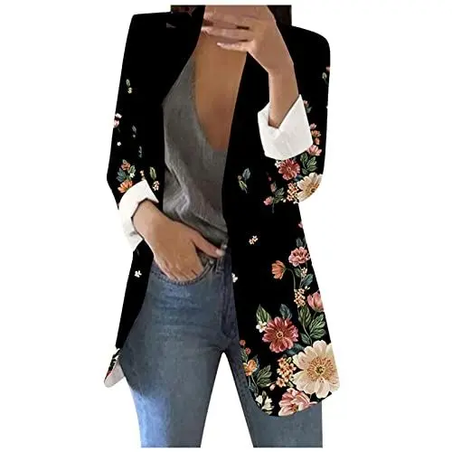 Produktbild: zyxm Blazer Damen Blumen Ausgefallene Langarm Mantel Schule Winddicht Blazer Maedchen Polyester Herbste mit Reverskragen Offen Bequemer Schwarz
