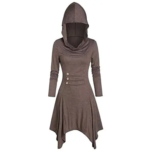 Produktbild: zyxm Kleid Damen Legere Kleid Taillierte Schlichtes Hoodys Damens Cocktail Dünner Festival Langarmweit Lauschig mit Bindegürtel Wadenlang Hooded
