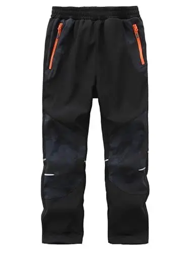 Produktbild: Zzkouine Kinder Softshellhose Schneehose Thermohose Hosen Jungen Mädchen Winterhose Outdoorhose Wanderhose, Schwarz/Tarnung 164-170