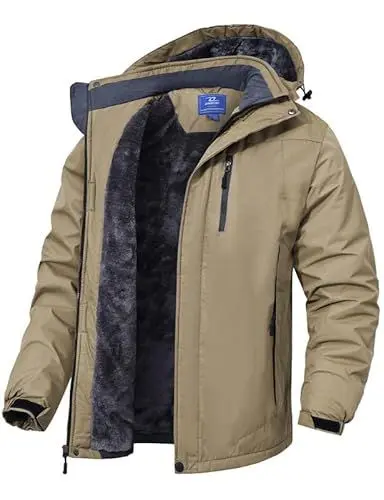Produktbild: Zzkouine Wasserdichte Skijacke für Männer Winddichte Fleece Outdoor Winterjacke für Wandern Camping-Pockets-Khaki-3XL