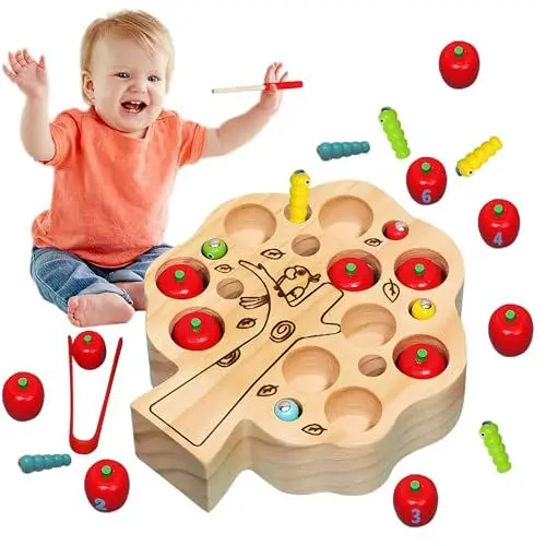 Produktbild: ZZQVIP Holz Montessori Spielzeug ab 1 2 3 4 5 6 Jahr, Holzspielzeug Klemmen Apfel Fang Den Wurm Spiel und Magnet Insekten,Motorikspielzeug Lernspielzeug Geschenk für Kinder ungen Mädchen